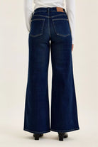 Going Places High Rise Wide Leg Jeans in dark indigo wash, back view