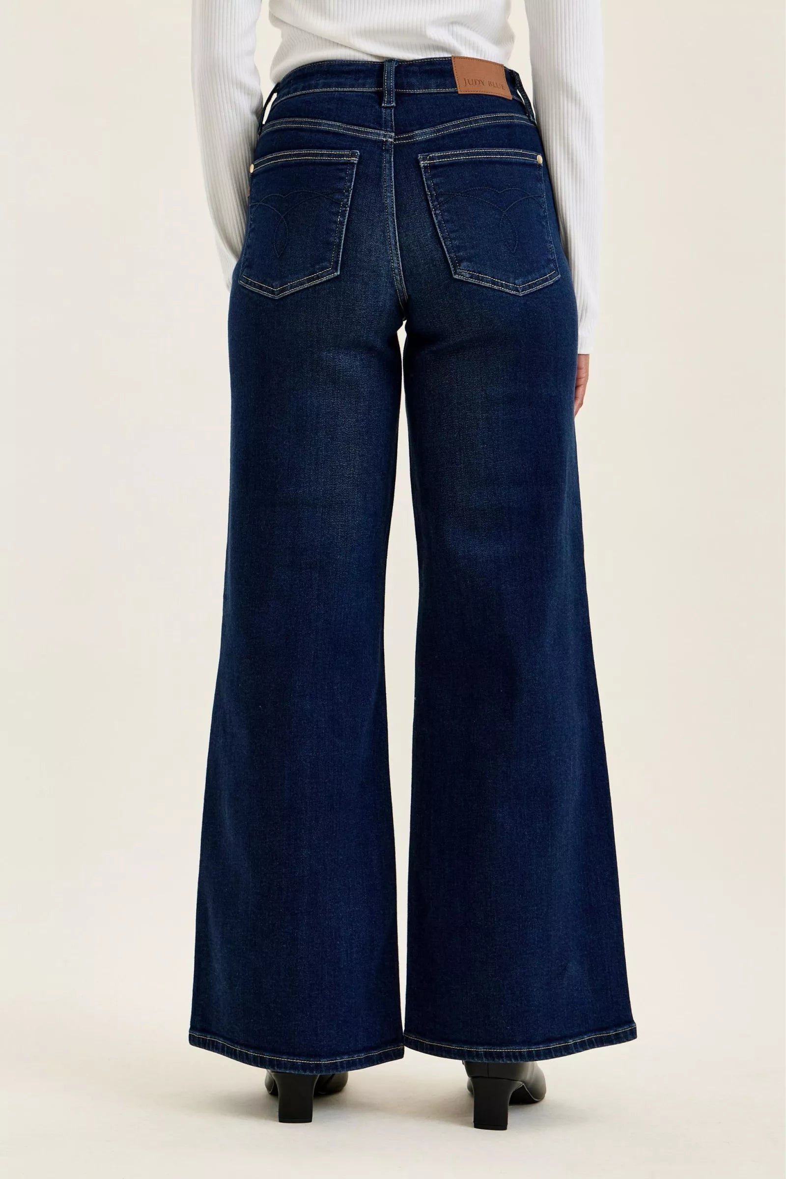 Going Places High Rise Wide Leg Jeans in dark indigo wash, back view