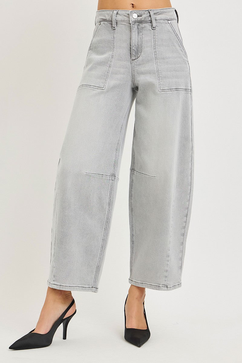 Front view of grey barrel leg jeans with patch pockets and contrast stitching, AVAH