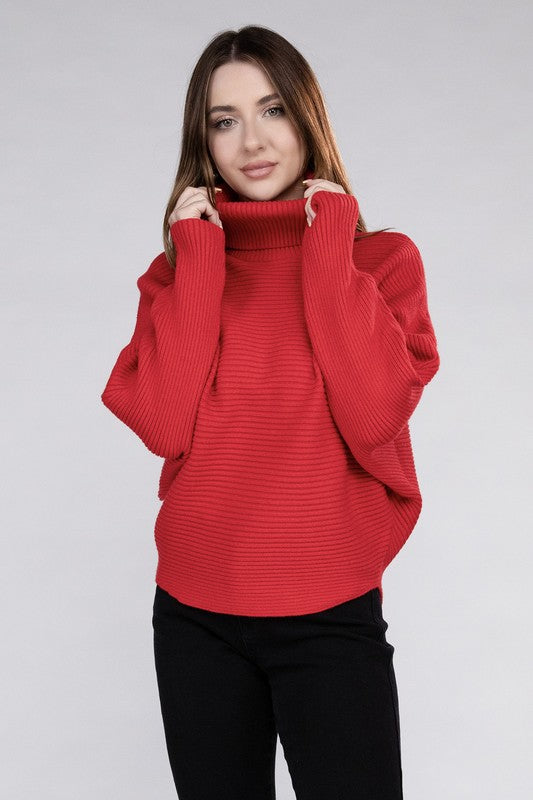 Polished Sophistication Dolman Sleeve Turtleneck Sweater-Red-Avah