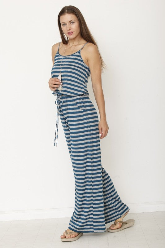 AVAH-Casual Crush Striped Sleeveless Wide Leg Jumpsuit-Teal