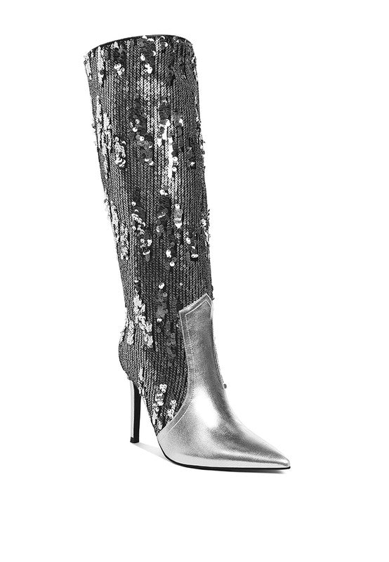 Sequin Silver Knee High Boots