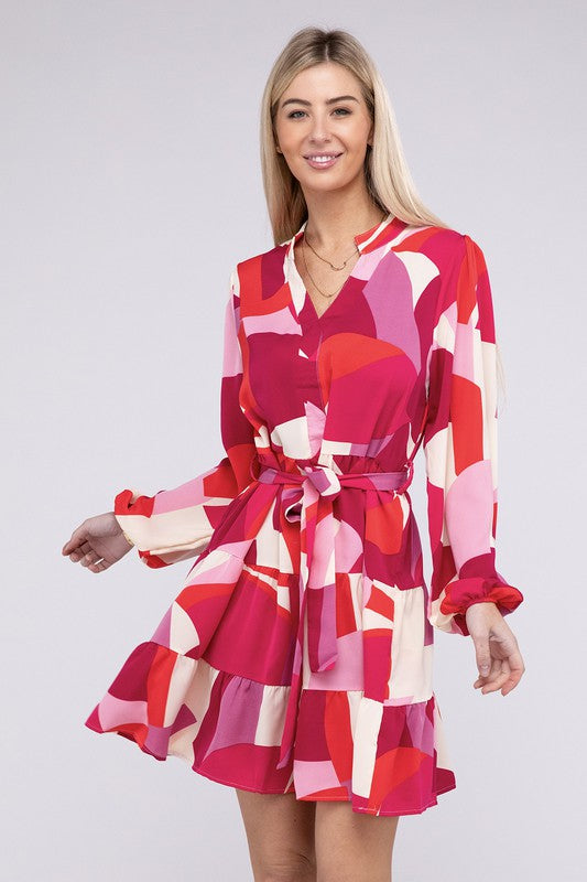Abby Long Sleeve Belted Dress-Pink-Avah