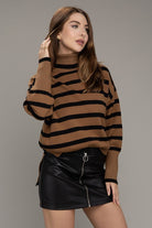 Time After Time Turtleneck Striped Knit Sweater - Brown- Avah