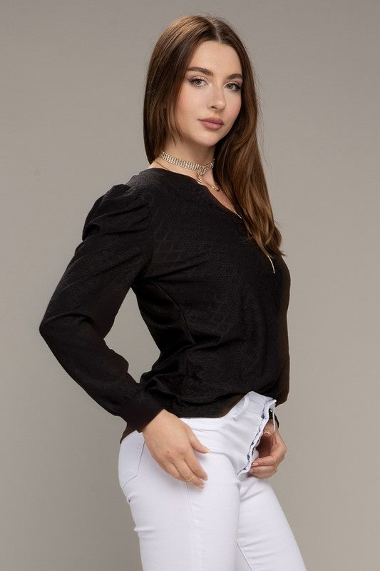 Lovely Embrace Long Sleeve Notch Neck Jacquard Top - Black-Avah