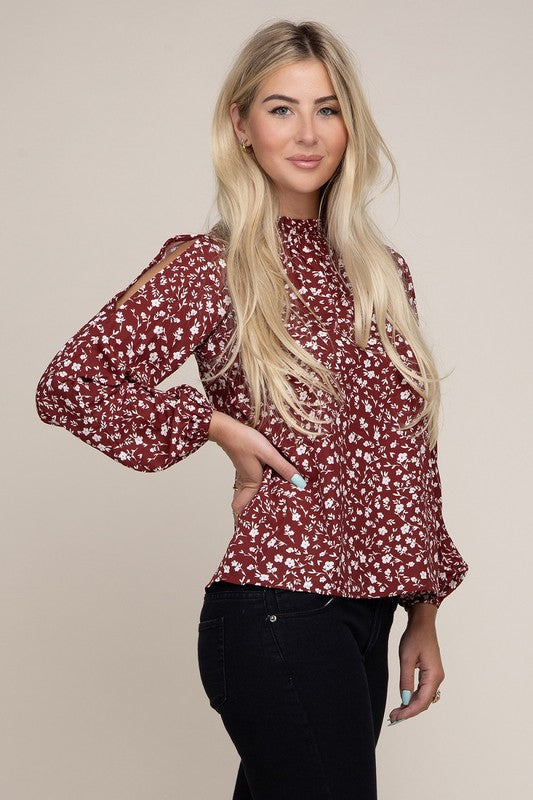 Behold The Beauty Ditsy Floral Long Sleeve Red Blouse With Split Shoulder-Avah
