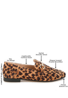 Labeled product image highlighting loafer features: slip-on design, cushioned insole, horsebit detail, leopard microfiber upper