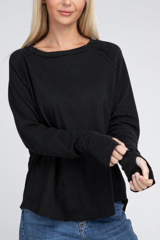 Sleek Comfort Raglan Sleeve Top with Thumbhole-Black-Avah