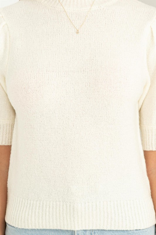 Favor Puff Sleeve Sweater-High Neck-Short Sleeve-Cream-Avah