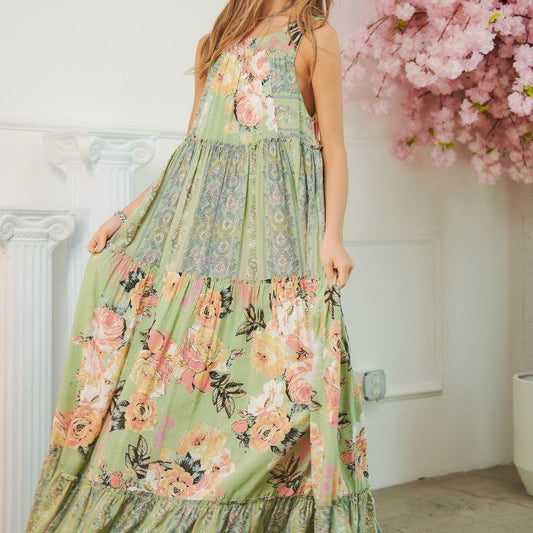 Halle Open Back Floral Maxi Dress-Sage Green-Avah Couture