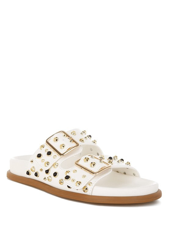 White faux leather slide sandal with gold and black studs, flatform sole and buckle accents-AVAH