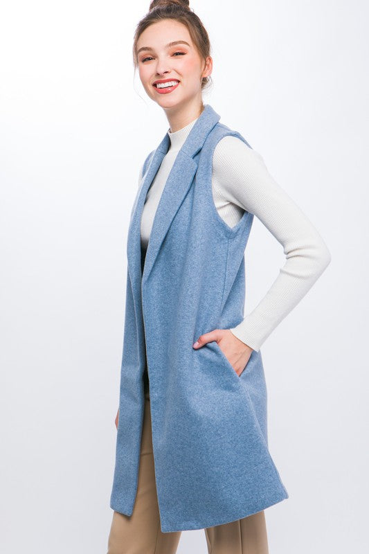 Modern Sophistication Fleece Longline Vest-Blue-Avah