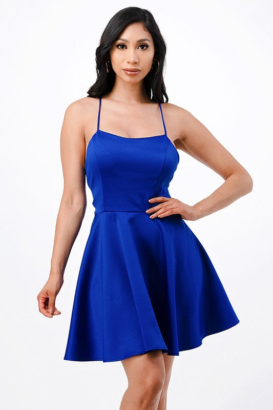Royal blue skater dress with open back tie detail