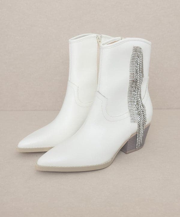 Rhinestone Fringe Cowboy Boots-White-Avah Couture