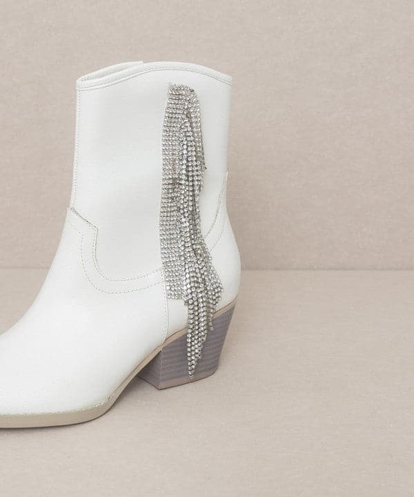 Rhinestone Fringe Cowboy Boots-White-Avah Couture