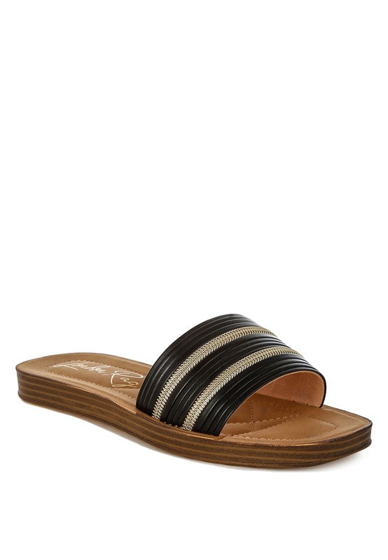 Black faux leather slide sandals with edgy gold zipper accents and ribbed vamp.-AVAH