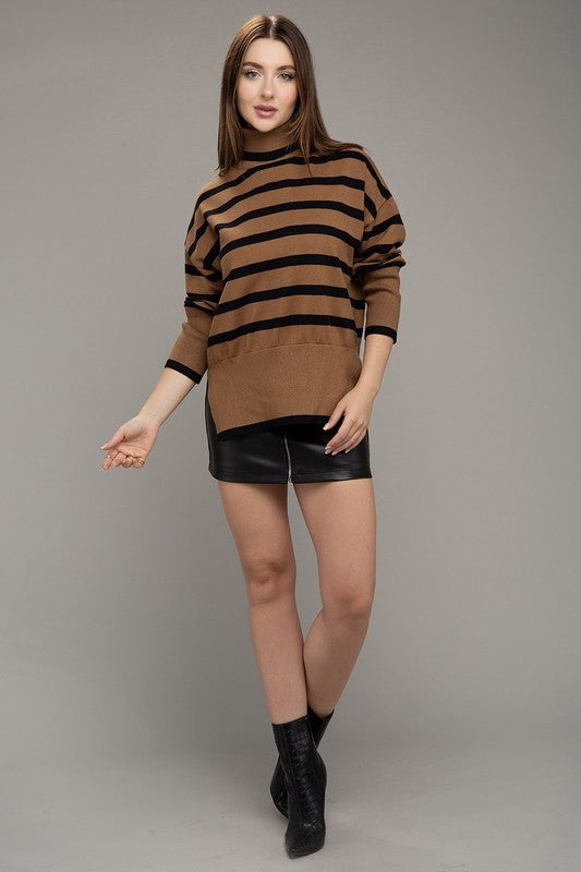 Time After Time Turtleneck Striped Knit Sweater - Brown- Avah