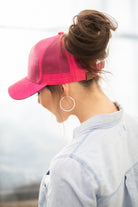 Hot pink glitter high ponytail cap side view