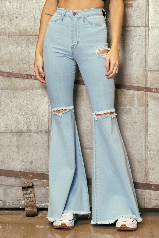 Level Up High Waisted Distressed Flare Jeans-Blue-Avan