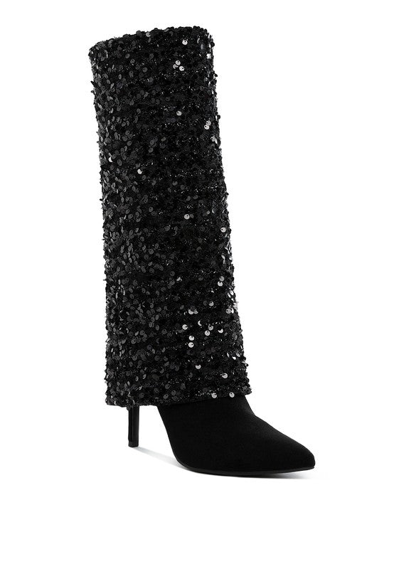 Black sequined stiletto boot with fold over shaft and pointed toe, side view
