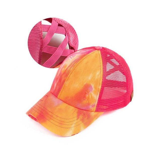 Orange tie dye baseball cap with criss cross ponytail opening