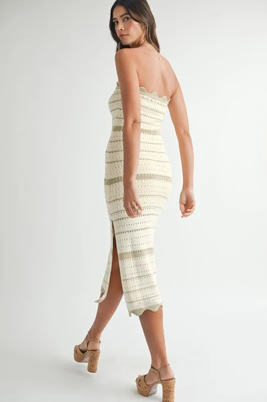 Back view of body-skimming crochet knit midi dress
