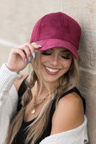 Model wearing wine vegan suede baseball cap, front view-AVAH