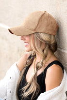 Model wearing khaki vegan suede baseball cap, side view-AVAH