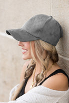 Model wearing grey vegan suede baseball cap, side profile-AVAH
