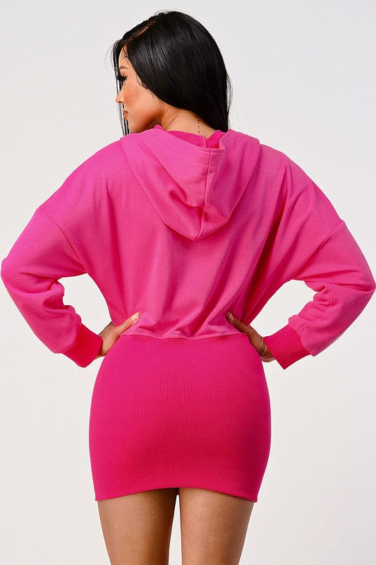 Back view of pink hoodie dress showing hooded design