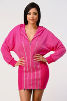 Hot pink zip-front hoodie dress with fitted ribbed skirt, front view
