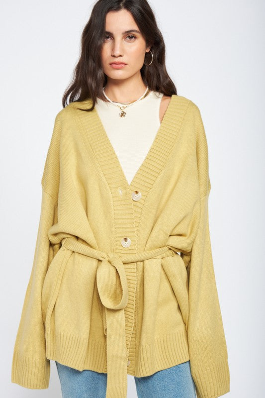 Samantha Oversized Cardigan Sweater With Waist Tie - Mustard Yellow-Avah