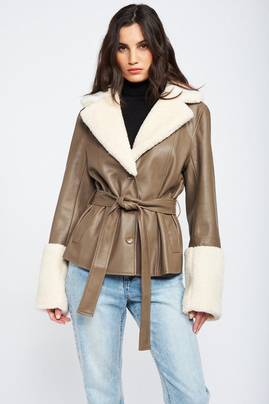 Serenity Belted Faux Leather Jacket With Shearling Trim - Taupe-Avah