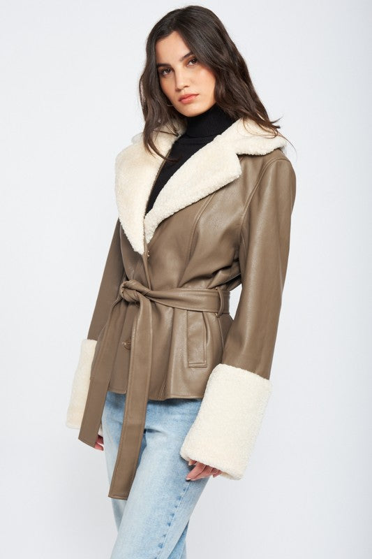 Serenity Belted Faux Leather Jacket With Shearling Trim - Taupe-Avah