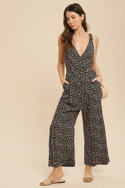 AVAH-Bloom Beauty Sleeveless Floral Jumpsuit-Black