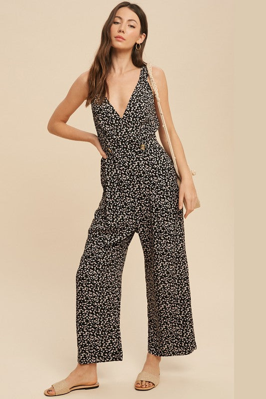 AVAH-Bloom Beauty Sleeveless Floral Jumpsuit-Black