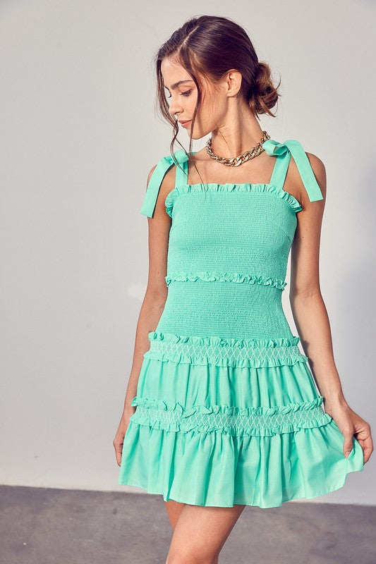 Sweet And Simple Ruffle Tiered Mini Dress-Jade Green-Avah Couture