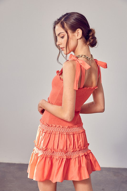 Sweet And Simple Ruffle Tiered Mini Dress-Coral-Avah Couture
