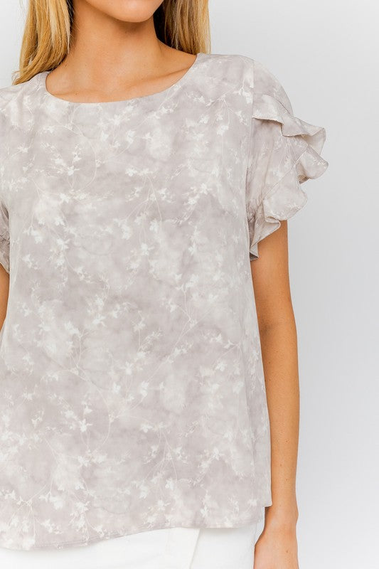 AVAH-Peak Performance Ruffle Sleeve Floral Top-Grey and Cream Ditsy