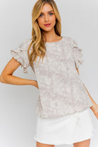 AVAH-Peak Performance Ruffle Sleeve Floral Top-Grey and Cream Ditsy