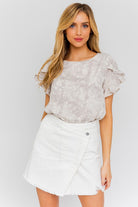 AVAH-Peak Performance Ruffle Sleeve Floral Top-Grey and Cream Ditsy