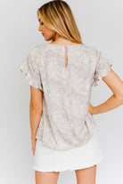 AVAH-Peak Performance Ruffle Sleeve Floral Top-Grey and Cream Ditsy