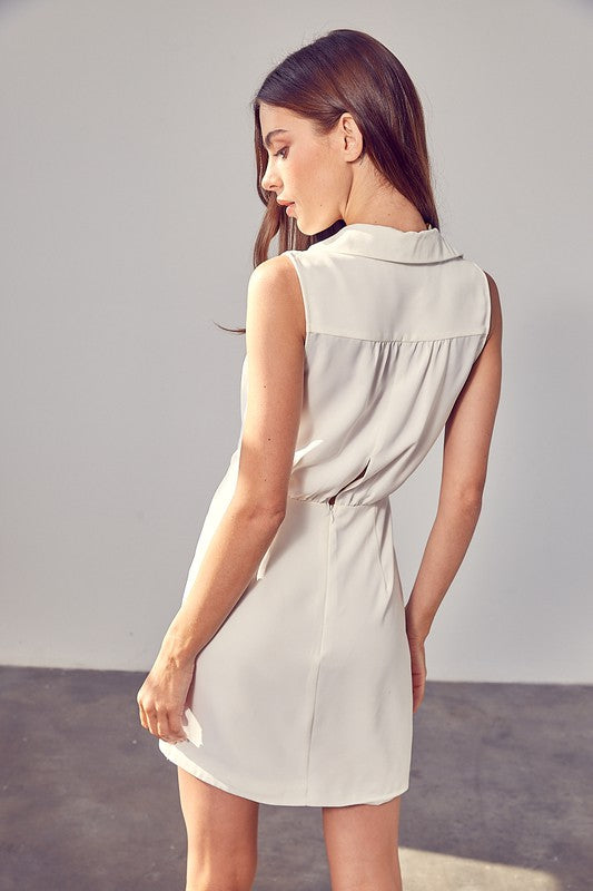 AVAH-Modern Collared Sleeveless White Mini Dress