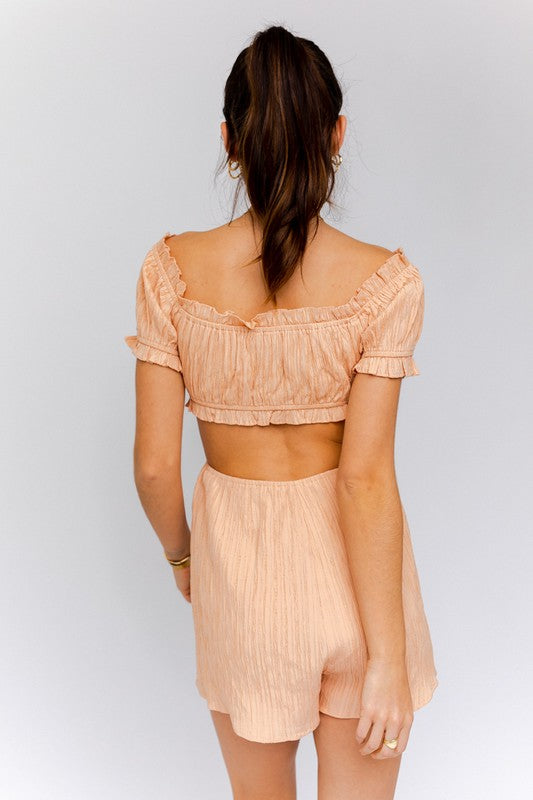 AVAH-Trimmed With Love Cutout Romper-Peach