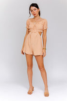 AVAH-Trimmed With Love Cutout Romper-Peach