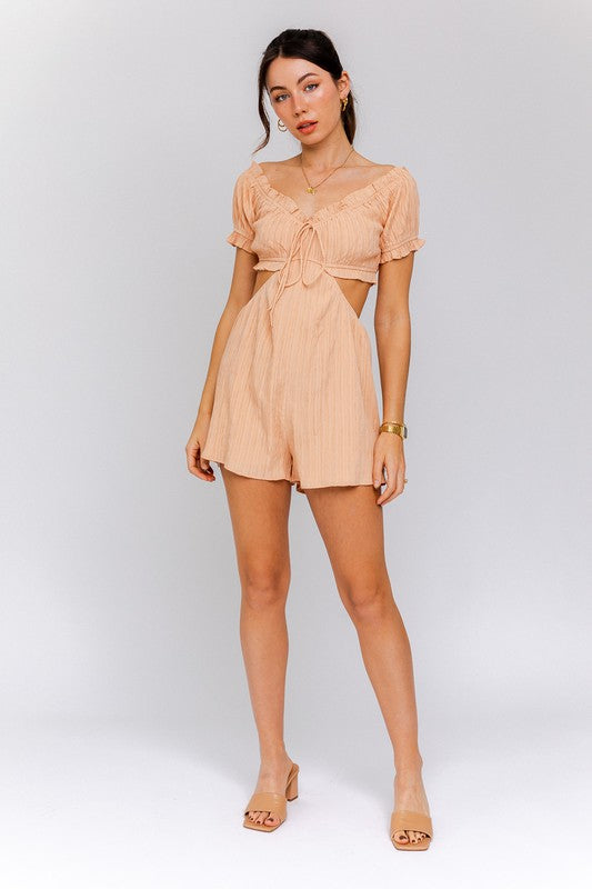 AVAH-Trimmed With Love Cutout Romper-Peach