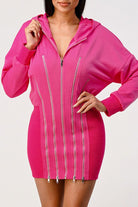 Hot pink zip-front hoodie dress with fitted ribbed skirt, front view
