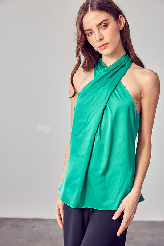 AVAH-Essential Chic Sleeveless Cross Front Top-Green