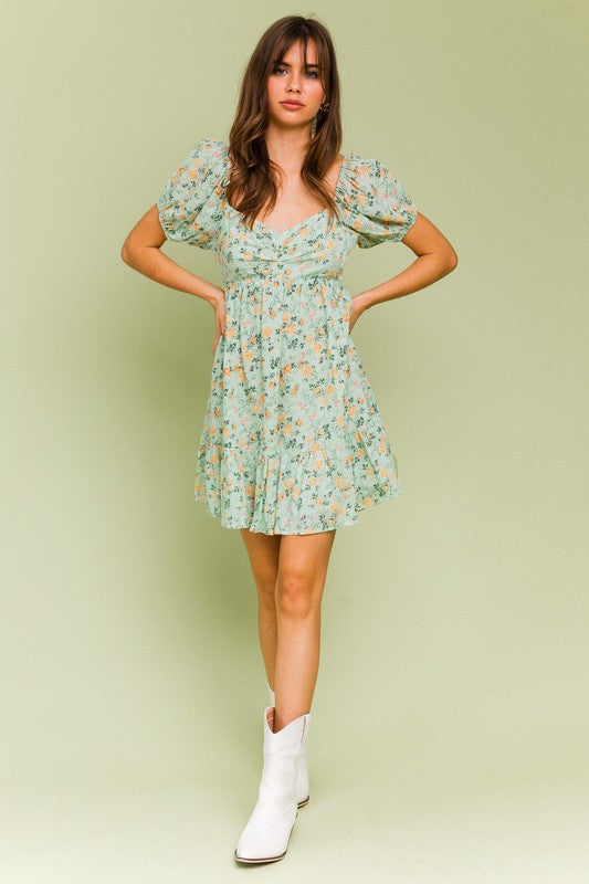 Meadows Short Sleeve Green Floral Mini Dress-Avah 