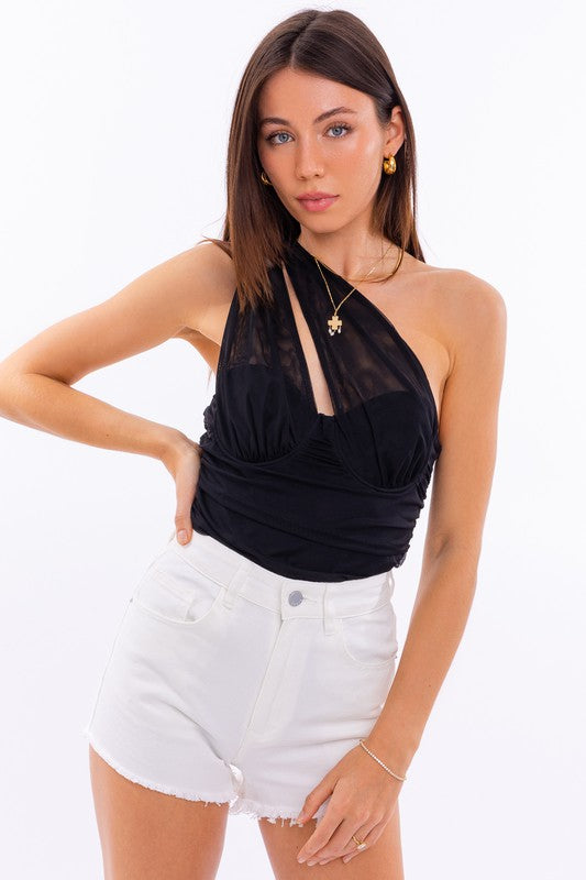 Take Me Out One Shoulder Mesh Bodysuit-Black-Avah